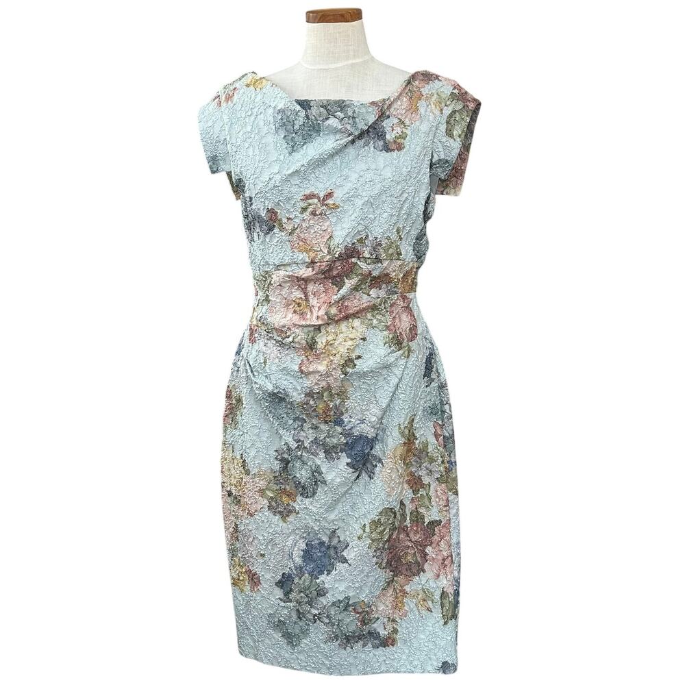 Adrianna Papell Light Blue Floral Brocade Sheath Dress